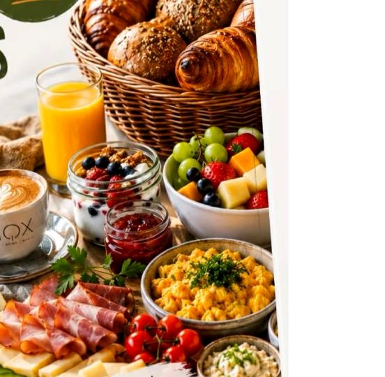 Frühstücksbuffet bei NOX: Croissants, Kaffee, Obst, Rührei und frische Brötchen